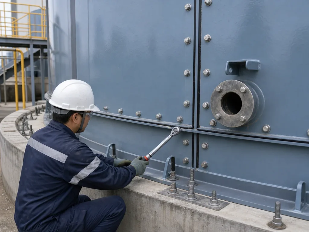 Close view of factory-coated bolted steel tank panels with gasketed joints, bolt rows, torque wrench, nozzle flange, anchor bolts, and concrete ring foundation