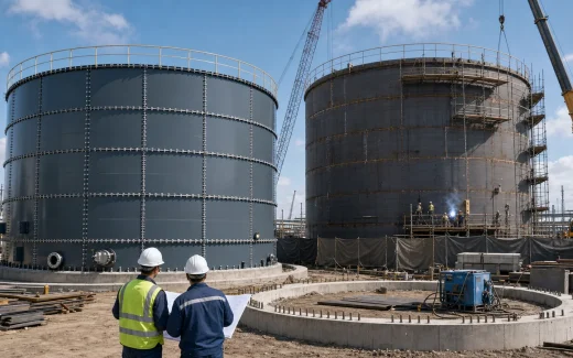 Industrial tank yard with a factory-coated bolted steel storage tank, a field-welded steel storage tank under construction, cranes, concrete foundations, and engineers reviewing drawings