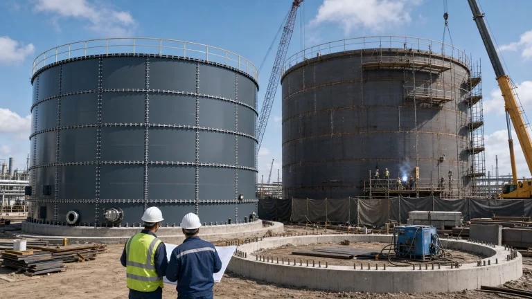 Industrial tank yard with a factory-coated bolted steel storage tank, a field-welded steel storage tank under construction, cranes, concrete foundations, and engineers reviewing drawings