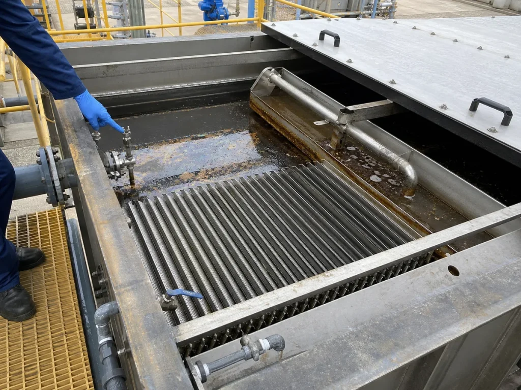 Close view of an industrial oil-water separator with inclined coalescing plate pack, oil skimmer, adjustable weir, sludge draw-off valve, and sampling point