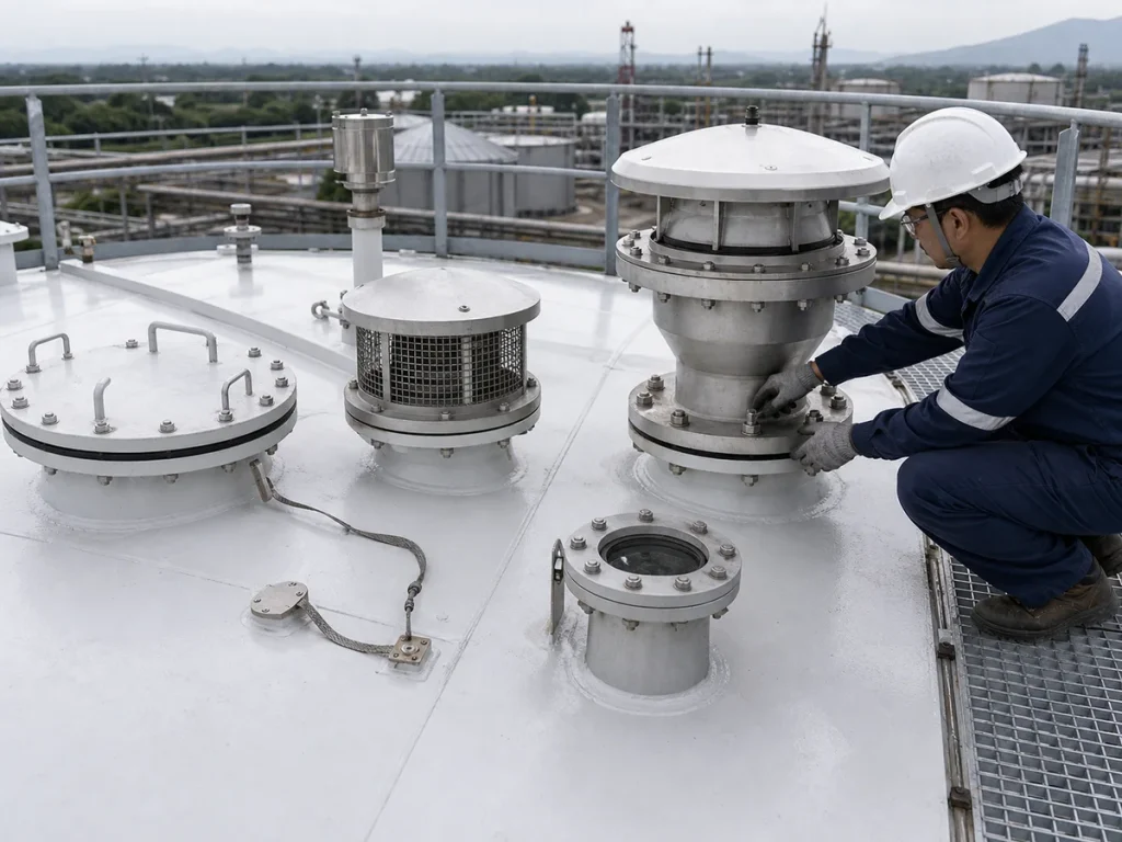 Close view of fixed roof storage tank pressure vacuum vent, emergency vent hatch, flame arrester housing, gauge hatch, roof nozzle, bonding strap, and technician checking fasteners from a safe walkway