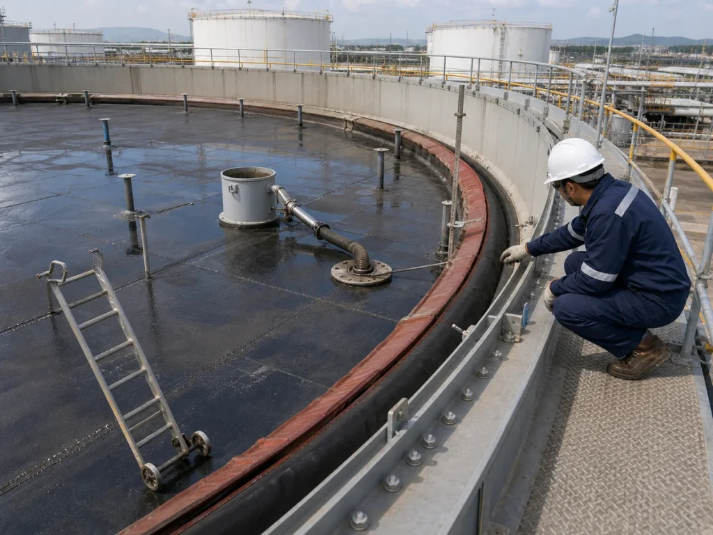 Inspector checking an external floating roof storage tank with rim seal, floating deck, roof drain hose, gauge well, roof legs, rolling ladder, wet deck surface, and rim walkway