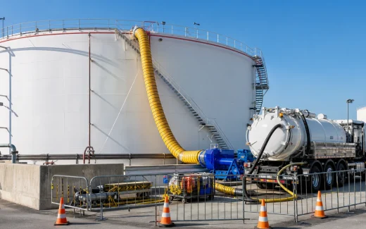 Above-ground industrial storage tank prepared for a controlled cleaning turnaround with external vacuum equipment, temporary ventilation ducting, barriers, containment paving, and staged support equipment