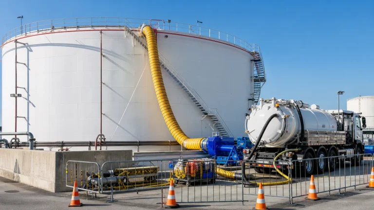 Above-ground industrial storage tank prepared for a controlled cleaning turnaround with external vacuum equipment, temporary ventilation ducting, barriers, containment paving, and staged support equipment