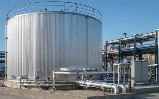 Above-ground industrial steel storage tank with aluminum insulation cladding, steam heating supply and condensate return piping, access platform, and process pipework