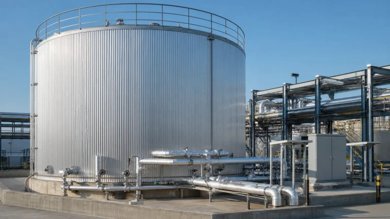 Above-ground industrial steel storage tank with aluminum insulation cladding, steam heating supply and condensate return piping, access platform, and process pipework