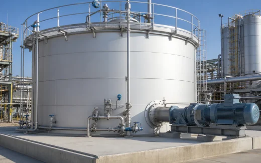 Above-ground industrial storage tank with side-entry mixer, motor gearbox, shaft housing, pipework, valves, access structures, and containment paving