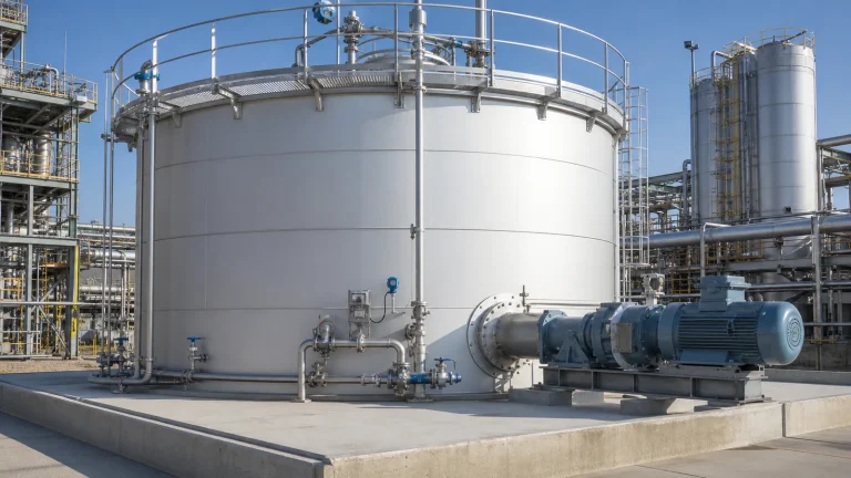 Above-ground industrial storage tank with side-entry mixer, motor gearbox, shaft housing, pipework, valves, access structures, and containment paving