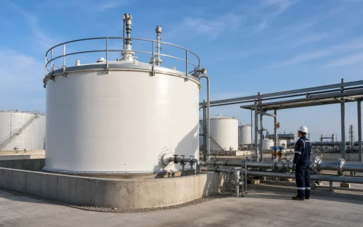 Above-ground industrial storage tank at a transfer area with roof-mounted level protection instruments, containment bund, pipework, and a technician in PPE