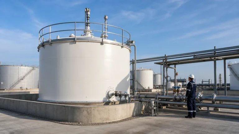 Above-ground industrial storage tank at a transfer area with roof-mounted level protection instruments, containment bund, pipework, and a technician in PPE