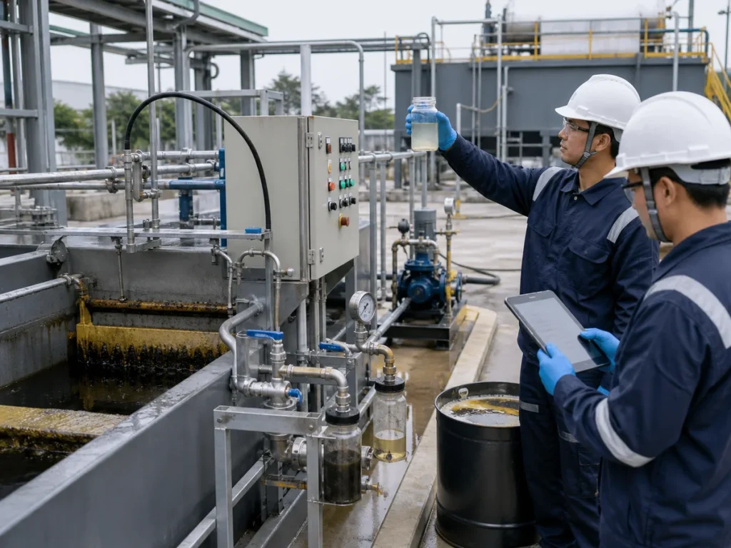 Engineers commissioning an industrial oil-water separator with effluent sample jar, flow meter, pump skid, control panel, oil collection drum, and downstream wastewater treatment equipment