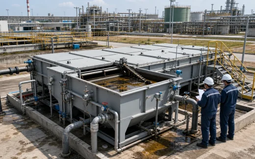 Industrial wastewater oil-water separator system with rectangular API or CPI separator, covered channels, skimmer mechanism, piping, containment curbs, and engineers inspecting the equipment