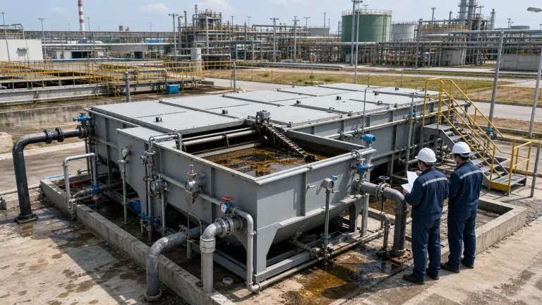 Industrial wastewater oil-water separator system with rectangular API or CPI separator, covered channels, skimmer mechanism, piping, containment curbs, and engineers inspecting the equipment