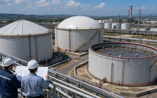 Industrial tank farm with cone-roof fixed roof tanks, dome roof tanks, external floating roof tank, roof vents, drains, stairways, handrails, pipe racks, and engineers reviewing roof access drawings