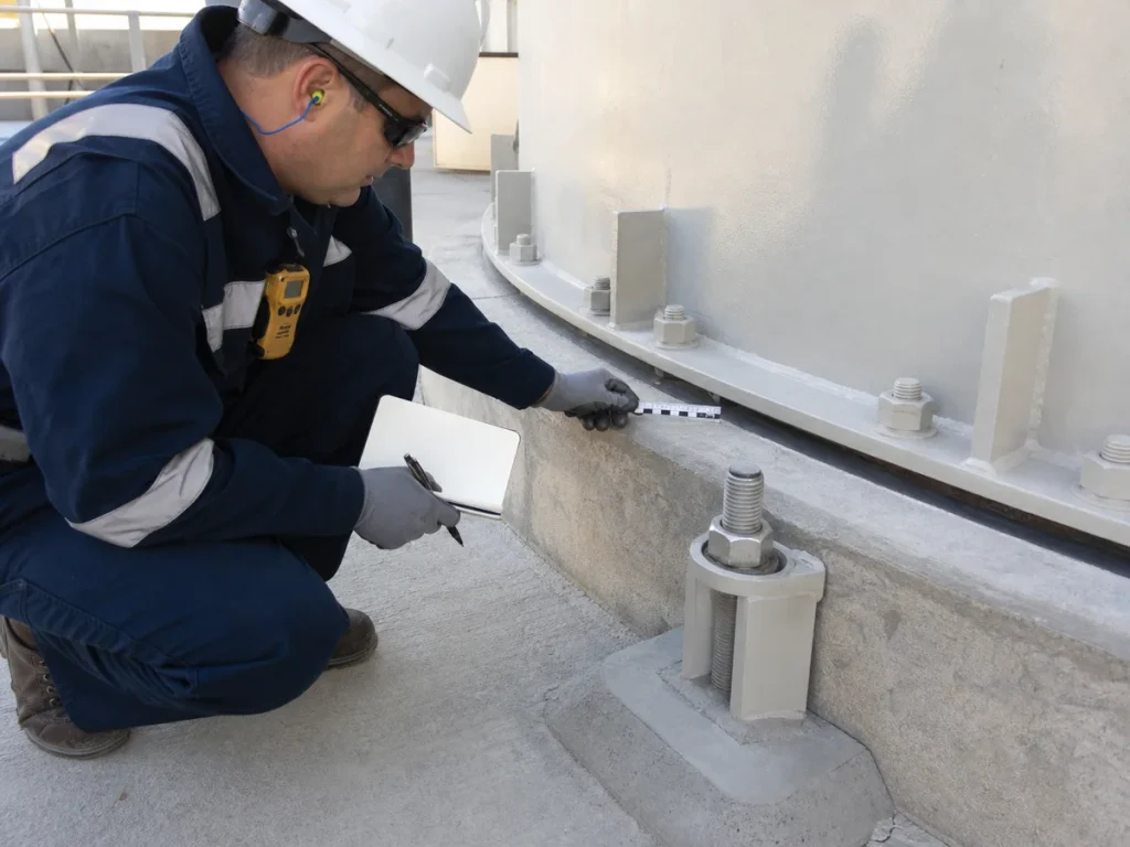 Tank integrity engineer checking anchor chair, anchor bolt, nut, grout edge, and reinforced concrete foundation at an above-ground steel storage tank