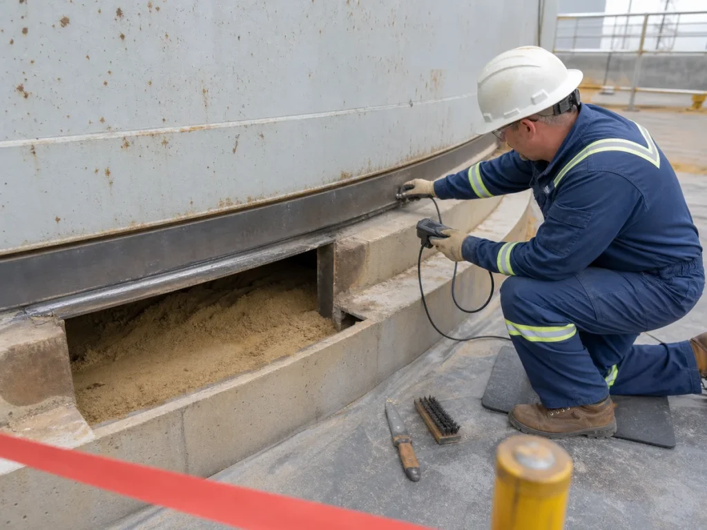 Technician checking the lower shell, tank-bottom edge, ringwall seal area, and foundation interface during a controlled storage tank maintenance outage