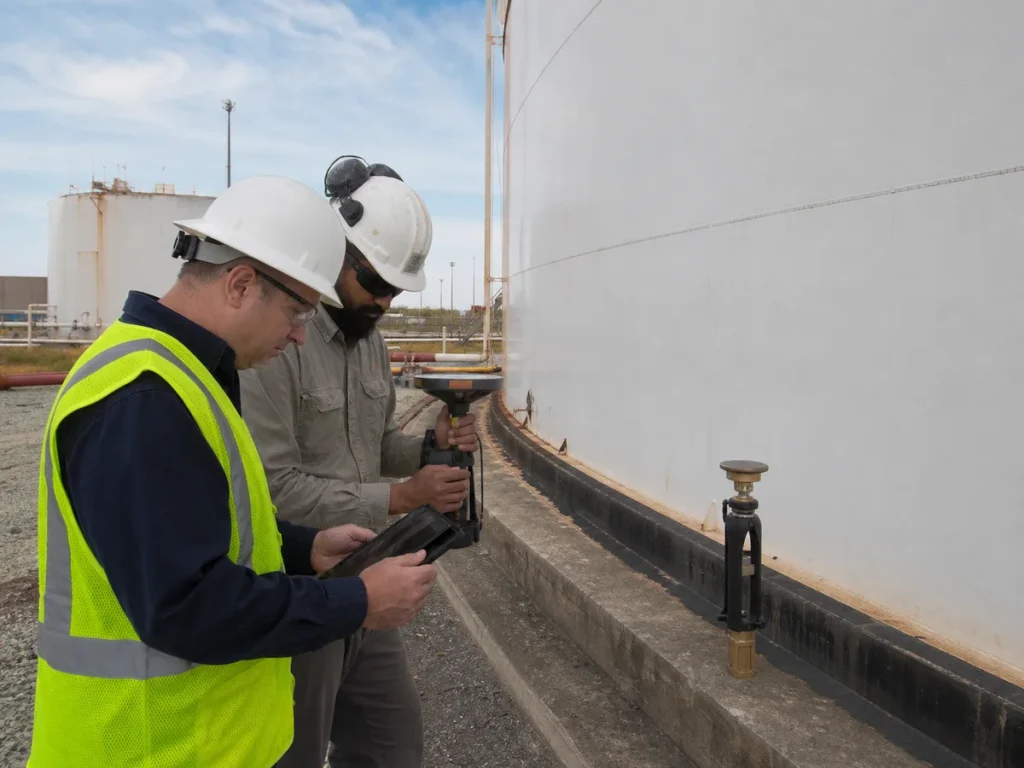 Surveyors checking tank geometry and level reference points during a controlled storage tank calibration survey