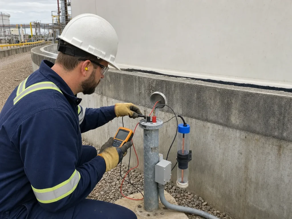 Corrosion technician measuring cathodic protection potential at a test station beside an above-ground steel storage tank ringwall