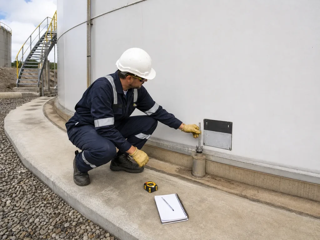 Technician inspecting a storage tank datum reference plate and manual gauge point at the tank foundation