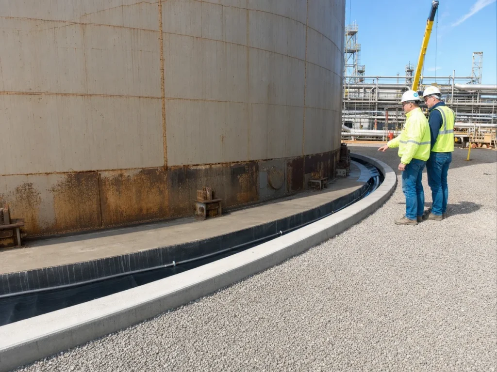 Engineers reviewing a controlled above-ground storage tank floor repair with a protected liner edge and monitoring collection channel at the tank perimeter