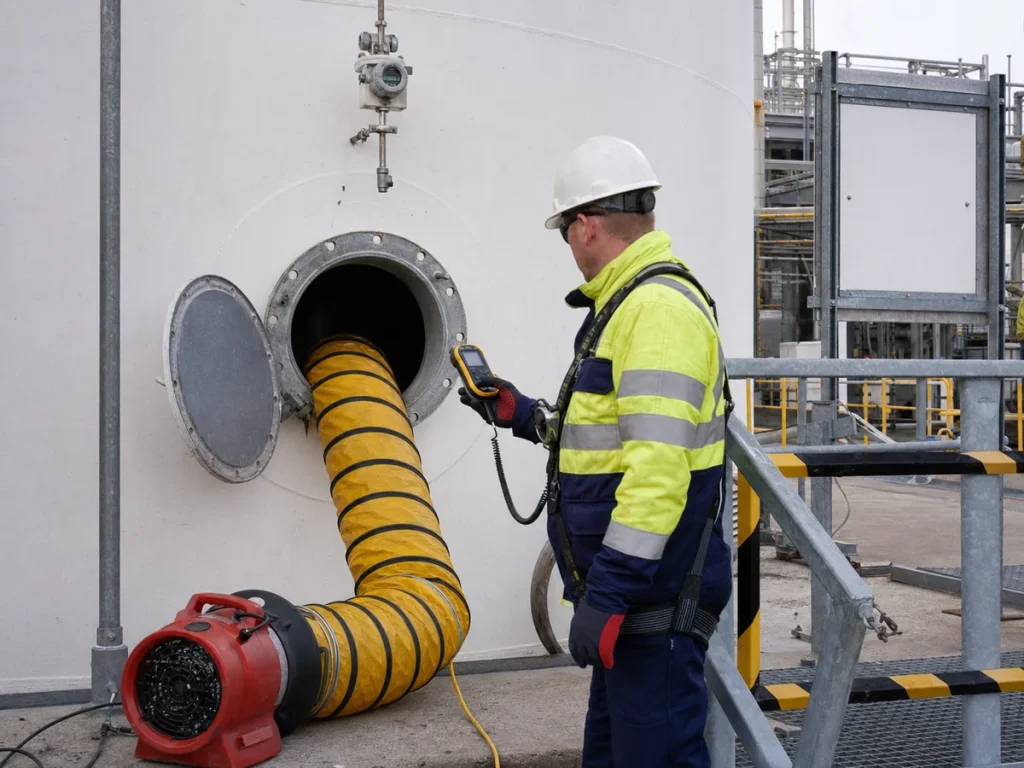 Safety technician monitoring atmosphere from outside an above-ground storage tank manway while forced-air ventilation ducting and a guarded entry opening are prepared for a controlled maintenance activity