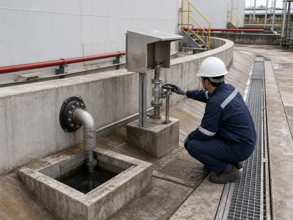 Concrete containment wall, sloped pavement, drainage channel, sump, normally closed drain valve station, pipe penetration seal, and operator checking drainage isolation in a storage tank farm