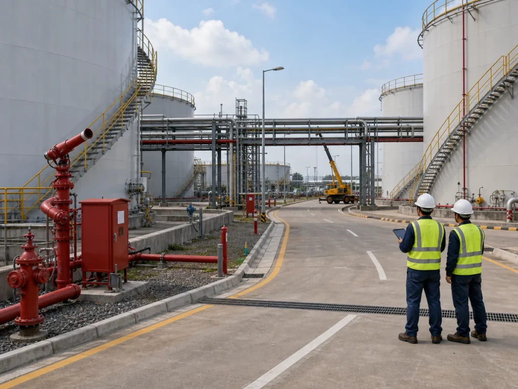 Internal road between above-ground storage tanks with firewater hydrant, foam monitor, pipe rack, drainage grates, maintenance crane pad, and engineers checking access clearance