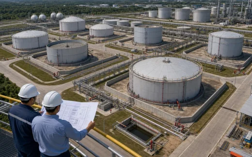 Elevated view of industrial tank farm layout with multiple storage tanks, spacing, containment dikes, internal access roads, firewater equipment, drainage channels, pipe racks, and engineers reviewing a site layout