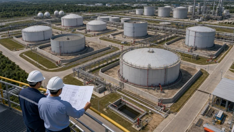 Elevated view of industrial tank farm layout with multiple storage tanks, spacing, containment dikes, internal access roads, firewater equipment, drainage channels, pipe racks, and engineers reviewing a site layout