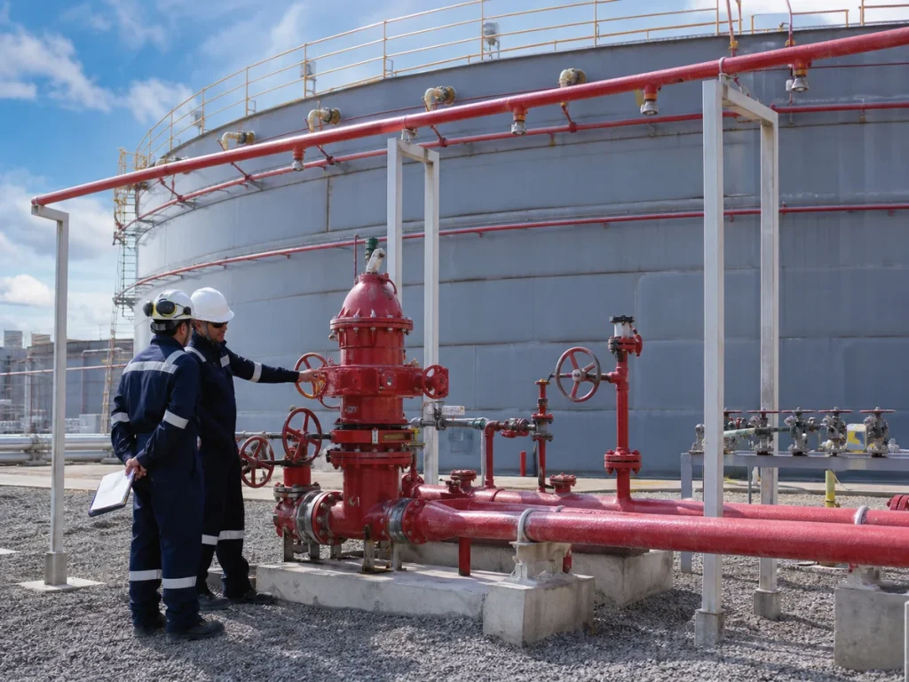Engineers reviewing a tank-farm firewater valve station with deluge valve, test header, isolation valves, and overhead water-spray piping