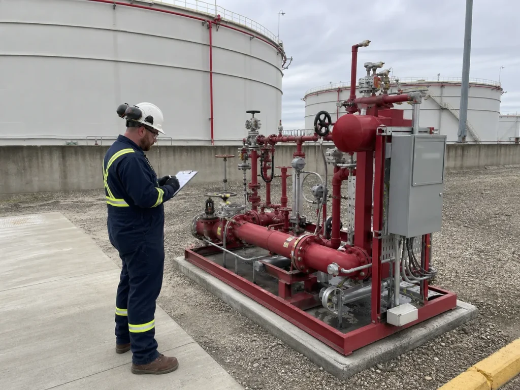 Fire protection technician checking a foam-system control and proportioning skid beside an above-ground storage tank containment area