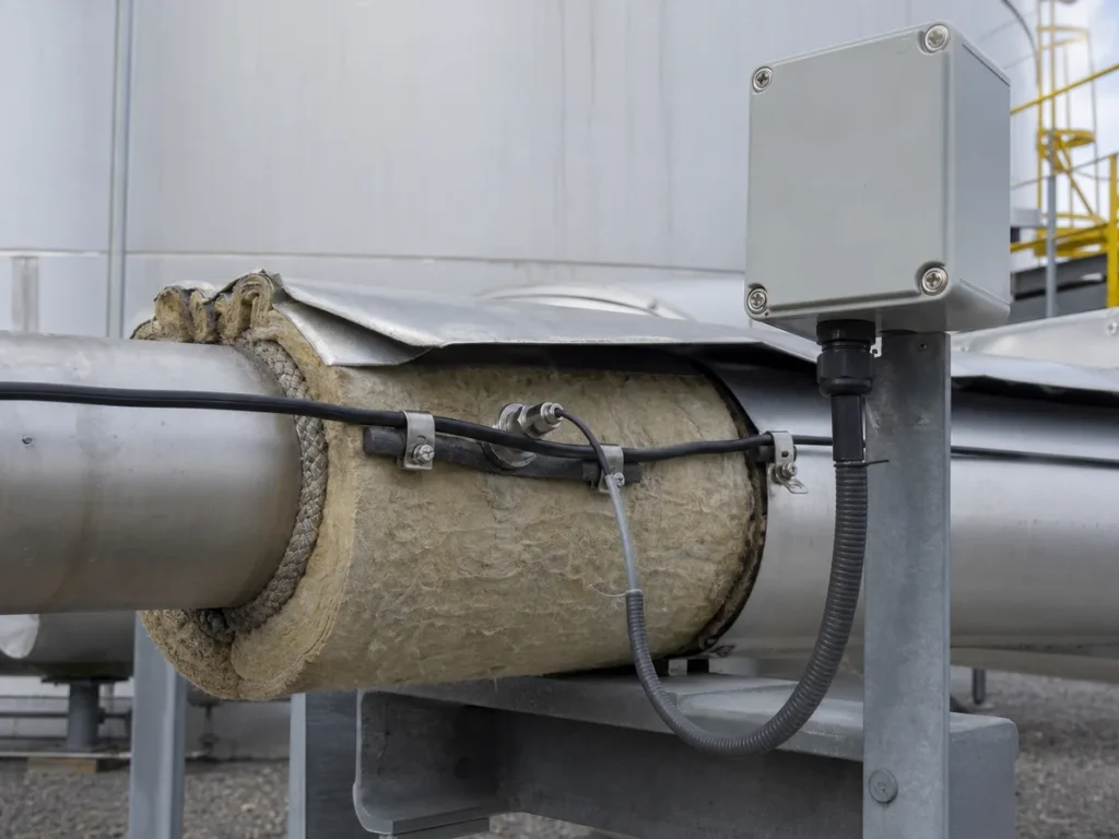 Electric heat-trace cable, temperature sensor, weatherproof junction box, mineral wool insulation, and aluminum cladding installed on industrial storage tank outlet piping
