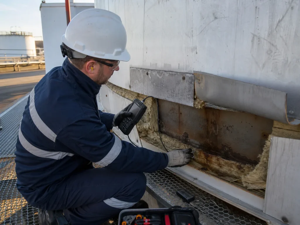 Plant inspection technician using an ultrasonic thickness gauge at an opened lower-shell insulation section of an above-ground storage tank with wet insulation and corrosion staining