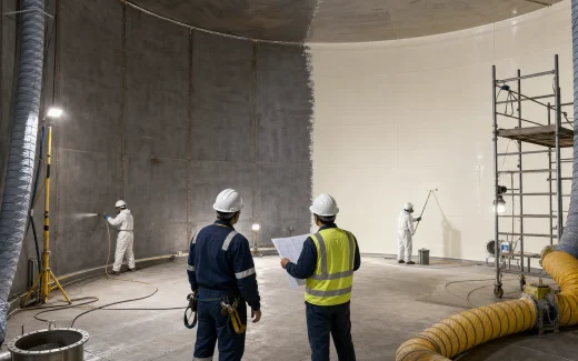 Inside a large steel storage tank during turnaround with blasted steel, newly applied internal lining, scaffolding, ventilation ducts, temporary lighting, and coating inspectors reviewing the work