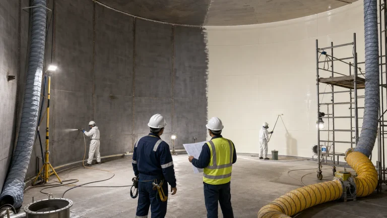 Inside a large steel storage tank during turnaround with blasted steel, newly applied internal lining, scaffolding, ventilation ducts, temporary lighting, and coating inspectors reviewing the work