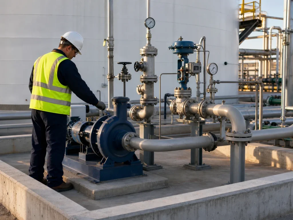 Technician checking a storage tank recirculation pump, return line, flow-control valve, pressure gauges, pipe supports, and jet-mixing equipment beside a tank