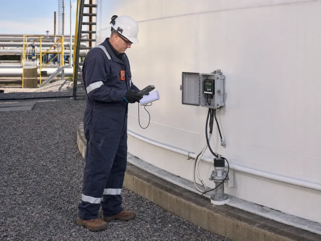 Technician checking a weatherproof tank-bottom leak monitoring enclosure and test point outside an above-ground steel storage tank