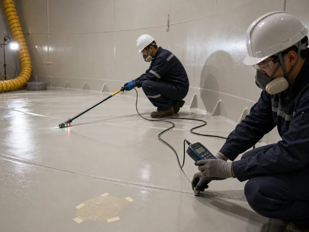 Coating inspector using holiday detector wand and dry film thickness gauge on a newly applied internal storage tank lining with smooth coated floor, shell, and weld seams