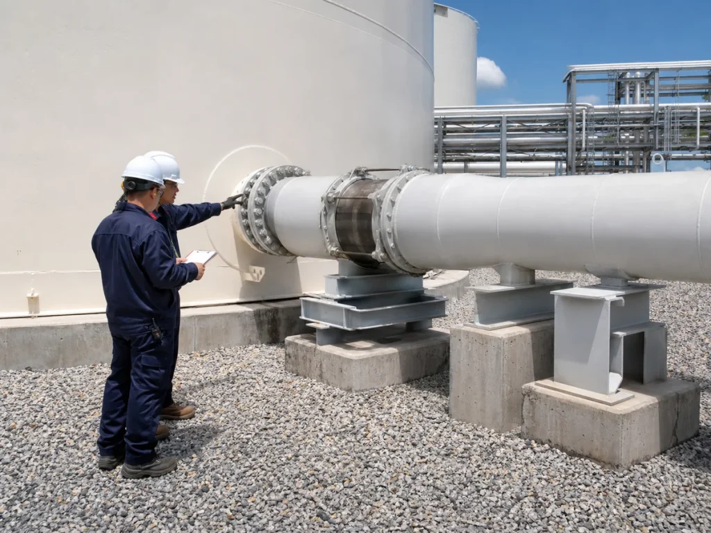 Engineers inspecting an above-ground storage tank nozzle with an engineered flexible piping connection, guided supports, and an offset spool