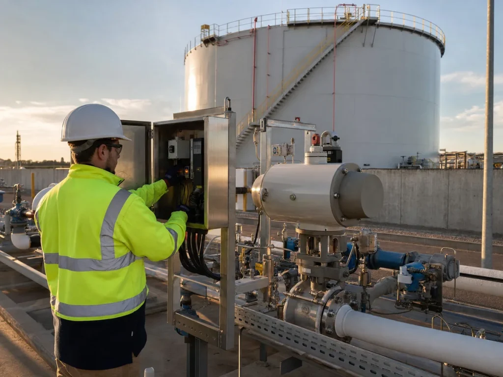 Industrial technician testing a local overfill protection panel and shutdown valve actuator beside a tank transfer manifold and above-ground storage tank