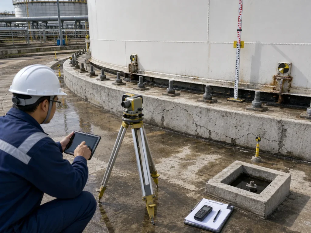 Inspector using survey equipment at the base of an above-ground storage tank to check settlement, concrete ringwall condition, anchor bolts, chime area, drainage, and foundation cracking
