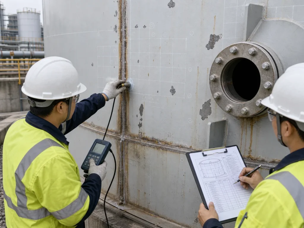 Inspector using ultrasonic thickness gauge on a steel storage tank shell near a weld seam and nozzle reinforcement with coating defects, rust staining, inspection grid, and repair notes