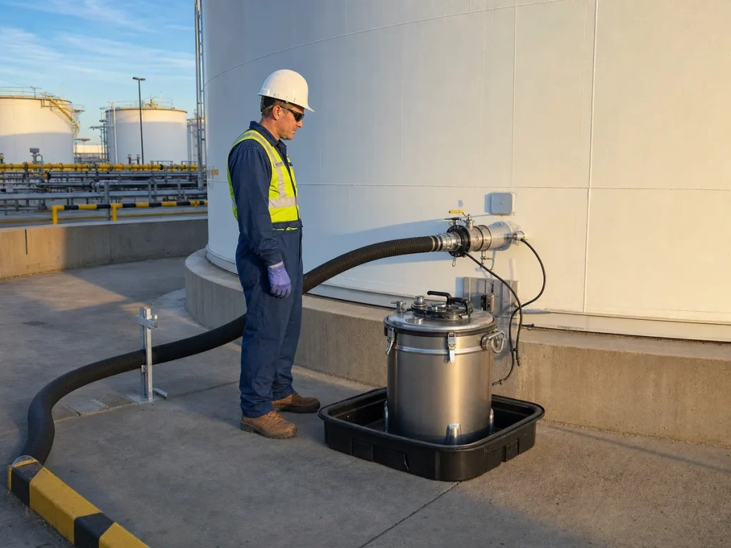 Technician standing outside an industrial storage tank during planned cleaning while a vacuum hose transfers residue through a closed external connection to a sealed waste collection container in a drip tray