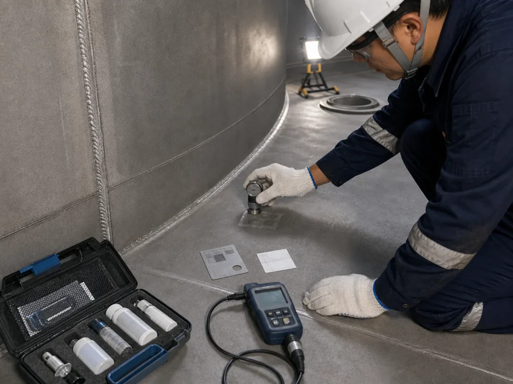 Coating inspector checking abrasive blasted steel surface profile and cleanliness inside an industrial storage tank with inspection tools, weld seams, floor plates, and temporary lighting