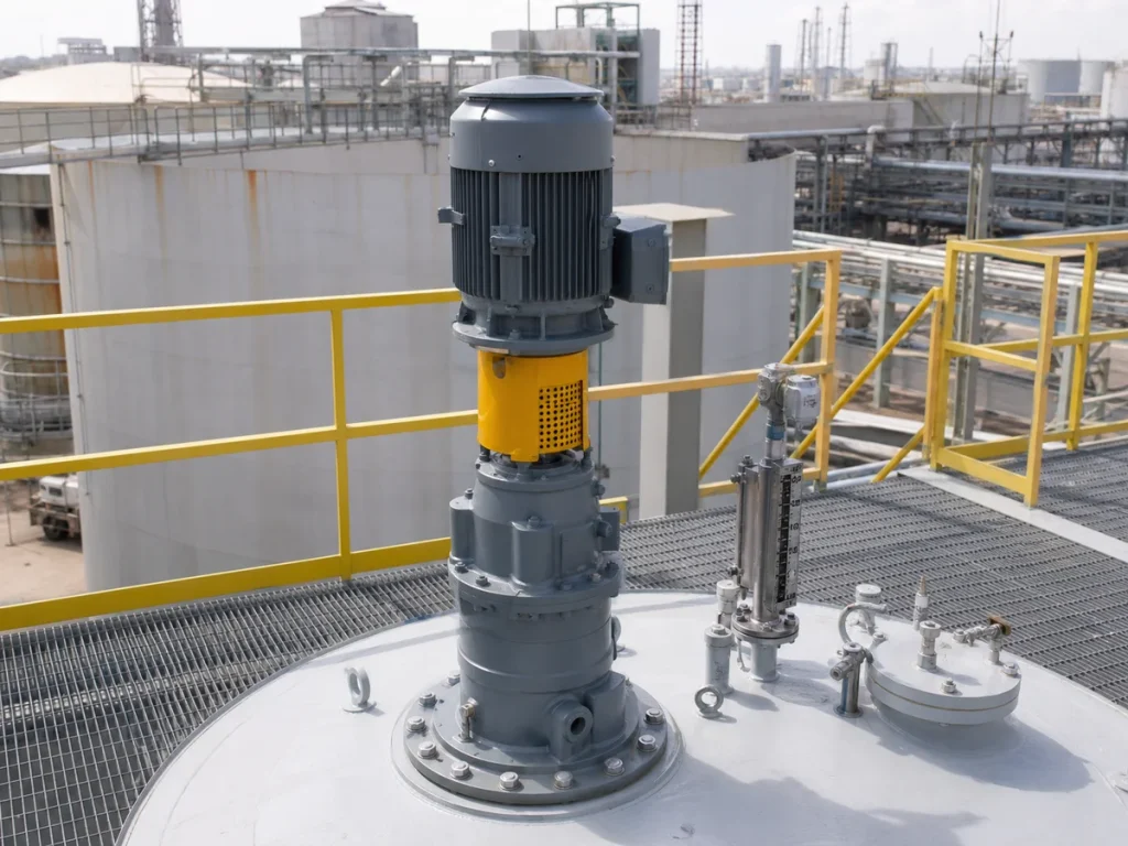 Top-entry industrial tank mixer drive with motor, gearbox, coupling guard, roof platform, safe handrails, and nearby tank instruments