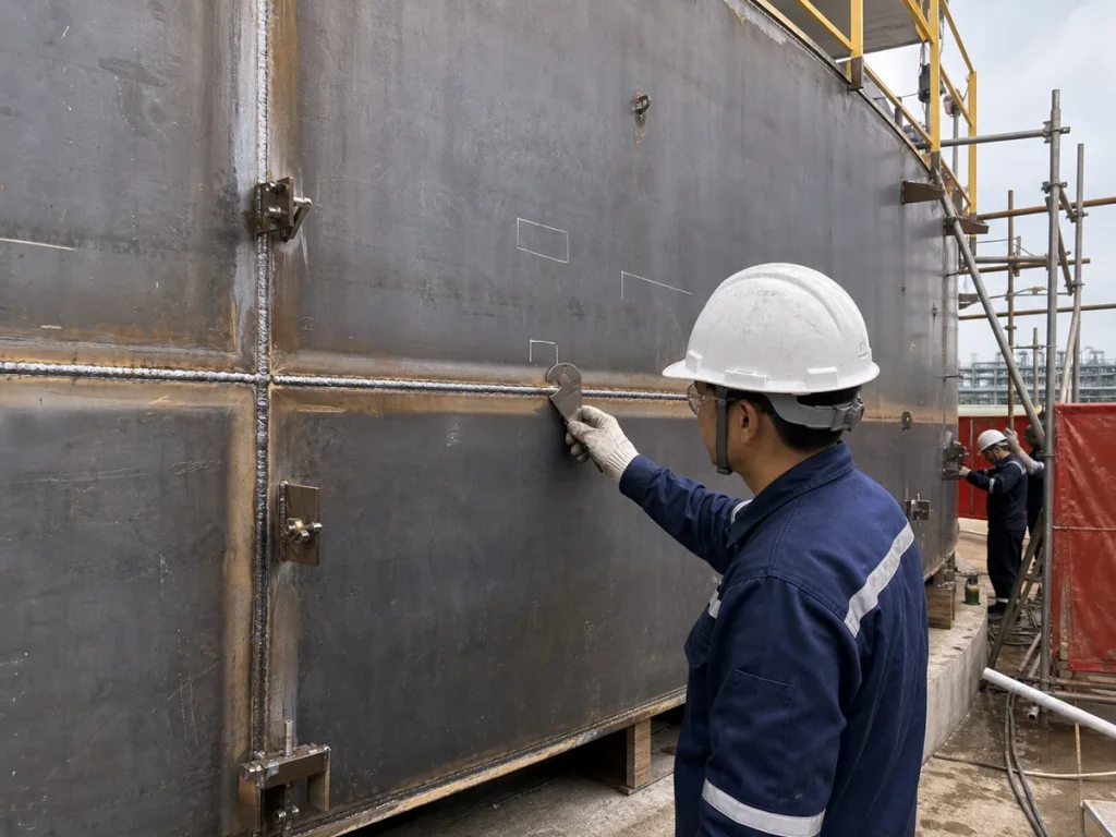 Inspector checking vertical and horizontal weld seams on a large welded steel storage tank shell with scaffolding, shell plates, temporary fixtures, and construction access