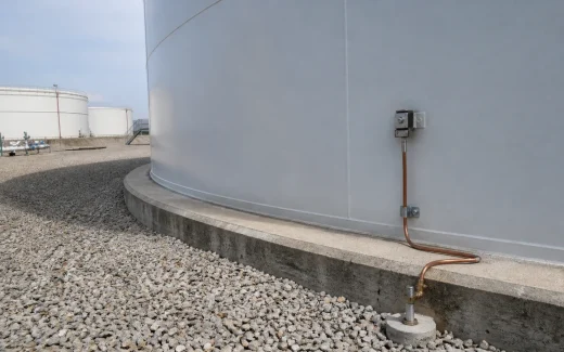 Steel storage tank shell with external grounding conductor and accessible earthing test point at the reinforced concrete ringwall