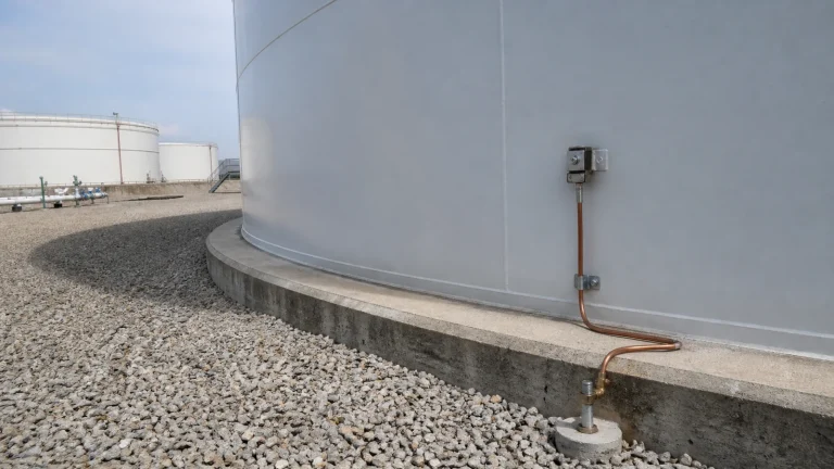 Steel storage tank shell with external grounding conductor and accessible earthing test point at the reinforced concrete ringwall