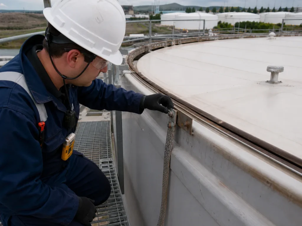 Technician inspecting an electrical bonding shunt between an external floating roof and the tank shell from a protected roof walkway