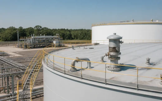 Fixed-roof storage tank with a pressure-vacuum vent, vapor header piping and protected roof access